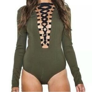 NWOT NUDE Plunging Neckline Lace Up Front Zipper Back Bodysuit Green Black
